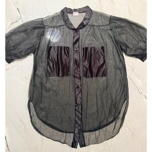 VTG Jill Andrea of New York Sheer Mesh Button Up Top Black Satin Pockets 2X USA